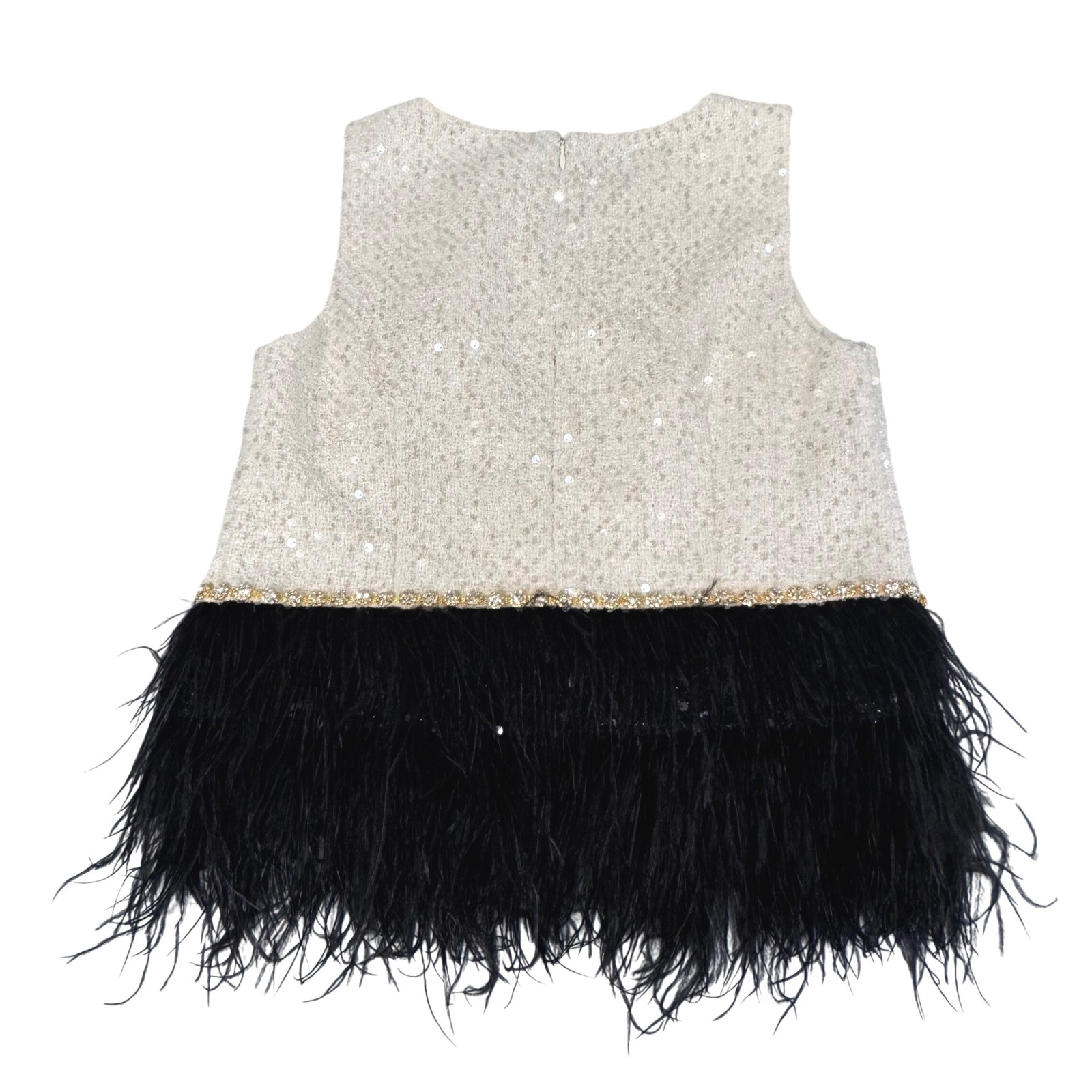 Flora Bea Nyc Bello Top S Tweed Feather Hem Sequin Cream Black Cocktail Glam